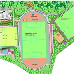 Sportpark Plan Kugelstossen, Beach Volleyball, Volleyball, Kombisportanlage mit 400 Meter Rundbahn und Rasenfeld, Weitsprung, Hochsprung und Kletterw